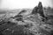 Old Man of Storr on the Isle of Skye in Scotland. Mountain landscape with foggy clouds.