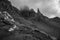 Old Man of Storr on the Isle of Skye in Scotland. Mountain landscape with foggy clouds.