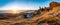 Old man of Storr rock in Isle of Skye. Panorama of popular rocks