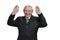 Old man in suit laughing with raised hands.