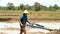 Old man using a small tractor to plow the farm to adjust the soil for planting.