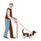 Old Man Walking a dog. Senior with Basset Hound on Leash. Elderly in Hat with Cane. Pensioners Activity. Vector illustration in