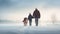 Old man walking on a snowy country road with his grandson and dog. Family taking a walk. Generative AI