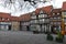 an old market place in Quedlinburg with beautiful  hundreds  of years old half timbered houses , Germany