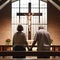 An old married couple holding hands in church admiring Jesus Christ on the cross - generative ai
