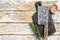 Old meat butcher cleaver. White wooden background. Top view. Copy space