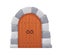 Old medieval castle door. Vintage entrance design from wooden planks, arched stone. Ancient front entry, closed doorway