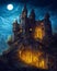 Old medieval castle at top of the hill at night, lit by the bright moonlight. Generative ai