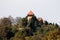 Old medieval town castle with newly renovated roof completely surrounded and hidden with dense tall forest trees on top of hill