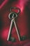 Old medieval wrought iron keys on red background