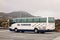 Old Mercedes-Benz O404 luxury coach of the SBA-Nordurleid company on a parking lot waiting for passengers