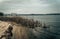 Old metal bridge across the Dnieper River in Eastern Europe, Ukraine