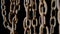 Old metal chain with dark rusted links on black background. Rusty hanging aged chain in dust. Structure of metal covered