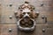 Old metal door knocker as a lions head on a rustic wooden door in italy