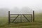 An old metal farm gate stands alone at the edge of a foggy meadow.