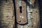 Old metal keyhole on the wooden door