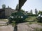 Old military abandoned helicopter. Broken non-working helicopter green