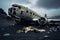 Old military airplane wreck on the black sand beach. 3d rendering, An abandoned airplane rests solemnly on a desolate black sand