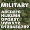 Old military alphabet, bold letters and numbers on army green camouflage background. Stencil vector font
