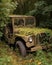 An old military vehicle is forgotten buried beneath the creeping vines and tall grass. Abandoned landscape. AI