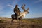 Old Mongolian man riding a reindeer.