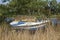 Old motorboat lying on a meadow, Varel harbor, Varel, Lower Saxony