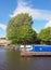 old narrow boats converted to houseboats moored in the marina at brighouse basin in west yorkshire surrounded by trees and a