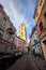 Old narrow Street in Vilnius citycenter, Lithuania. View on old colorful buildings in Vilnius