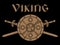 Old Norse, Viking design. Two crossed battle Viking swords, shield and inscription Viking