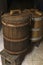 Old oak barrels on a wooden bench. Wooden barrel