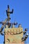 Old and obsolete electrical transformer against the background of a cloudless blue sky. Device for distribution of supply of high