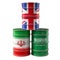 Old Oil Drums with United Kingdom, Iran and Saudi Arabia national flags.