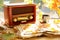 Old open book with retro radio and autumn leaves on windowsill