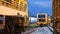 The old orange diesel locomotives parking on railway at train garage against blue sky in natural background