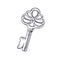 Old ornate door key in vintage retro style. Engraved drawing of ancient antique victorian medieval item with decoration