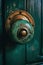 A old oxidized bronze door handle on a green wooden door. AI generative image.