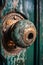 A old oxidized bronze door handle on a green wooden door. Generative AI image.