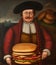 old painting of a funny man with a hamburger