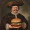 old painting of a funny man with a hamburger