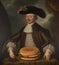 old painting of a funny man with a large hamburger