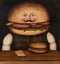old painting of mr. hamburger sitting at a table