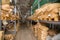 Old paper sacks placed in warehouse stacking before export