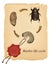 Old paper texture image with red wax seal stamp. Scarab beetle