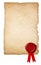 Old paper with wax seal and ribbon isolated