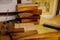 Old pencil case, Interior of village school, Traditional historic country-style architecture in Skanzen, Polabi open-air