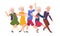 Old people dancing. Diverse elderly cartoon characters dancing a conga line, happy funny persons. Vector active