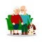 Old people with dog. Grandmother and grandfather are sitting on sofa next to puppy. Elderly couple with pet. Friendship concept.