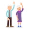 Old people with hand up. Active gesture senior couple. Grandfather and grandmother smiling. Healthy pensioner concept. Happy