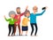Old people selfie. Senior people taking smartphone photo, happy laughing group of seniors cartoon illustration
