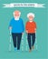 Old people sport activities. Happy Senior Couple making nordic walking In the Park. Vector illustration. Healthy